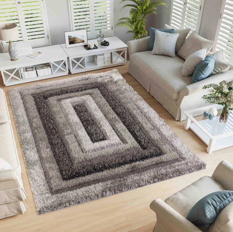 Image of Modern Soft Bordered Shimmer Shaggy Area Rugs Grey 120X170 Cm