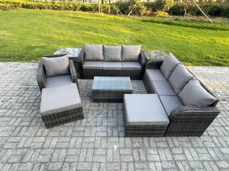 Image of Fimous 9 Seater Rattan Lounge Sofa Set Outdoor Garden Furniture Set with Rectangular Coffee Table 3 Seater Sofa 2 Big Footstool 2 Side Tables Dark Gre