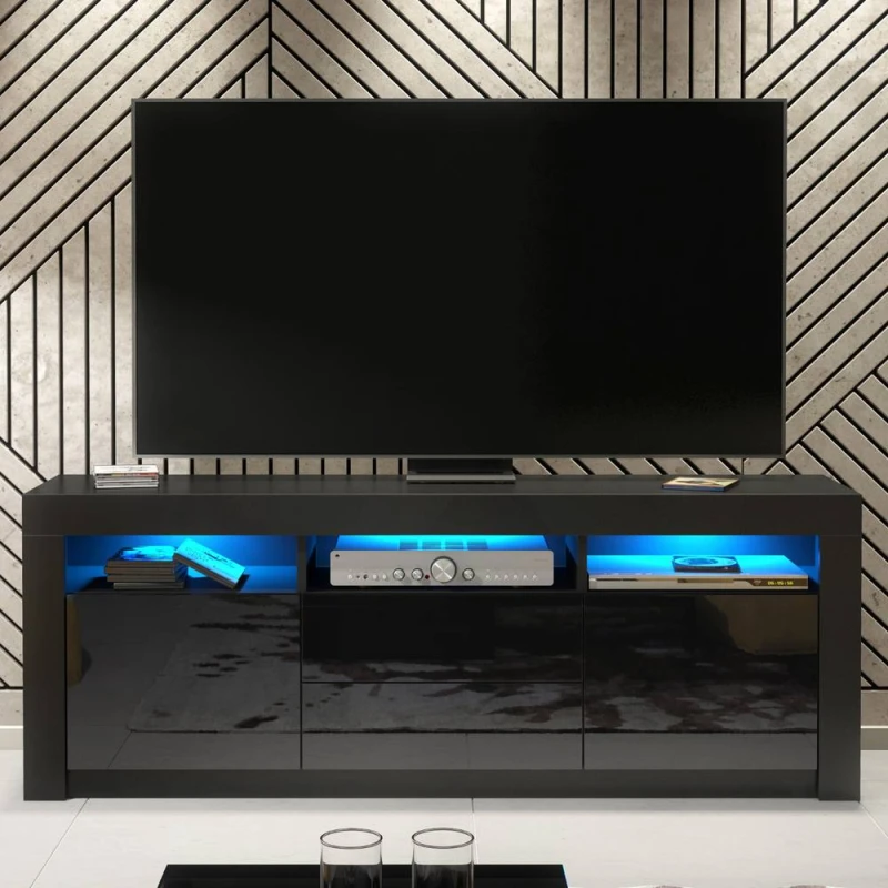 Image of Creative Furniture Shine TV Unit 160cm - Black with Gloss Doors & LED Lights Black Unisex
