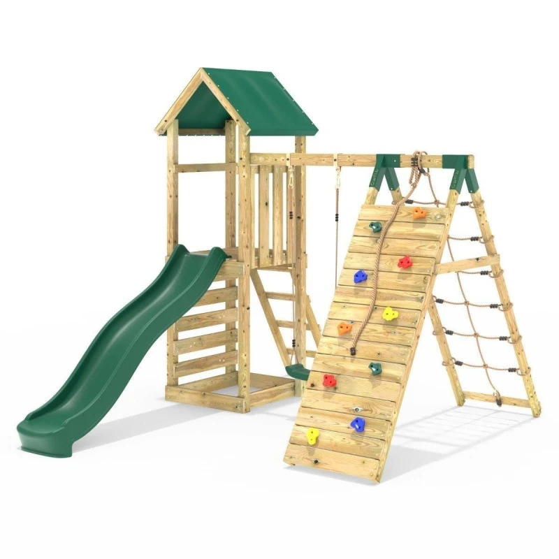 Image of Rebo Wooden Climbing Frame with Swing, Up-and-Over Climbing Wall and Slide - Bear Green Green