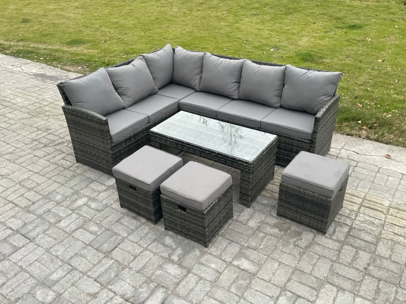 Image of Fimous 9 Seater Outdoor Rattan Garden Furniture Set Corner Sofa Oblong Coffee Table Sets with Patio 3 Small Footstools Dark Grey Mixed Dark Grey