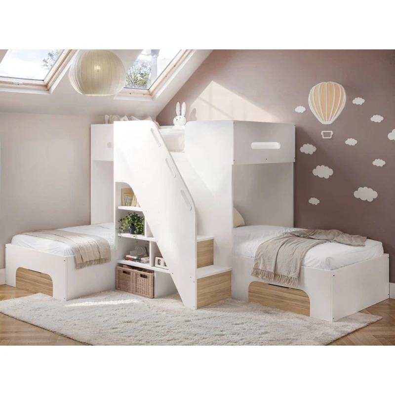 Image of Flair Mason Staircase Triple Sleeper Bed with Storage in Light Oak Size: Single Light Oak Unisex Single