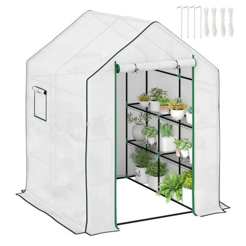 Image of Outsunny Walk-in Greenhouse with 8 Shelves, Outdoor Small Greenhouse, White White