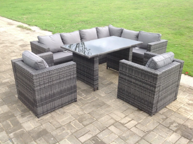 Image of Fimous Outdoor Lounge Rattan Corner Sofa Set Garden Furniture Rectangular Dining Table Chair Dark Grey Dark Grey