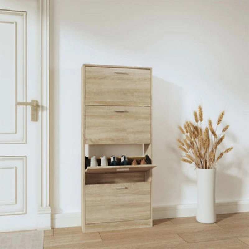 Image of Vidaxl Shoe Cabinet Oak 59X17X150 Cm Engineered Wood