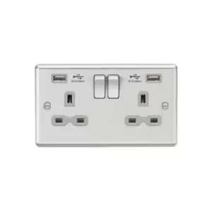 Image of Knightsbridge - 13A 2G Switched Socket Dual usb Charger (2.4A) with Grey Insert - Rounded Edge Brushed Chrome