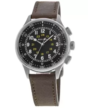 Image of Bulova A-15 Pilot Black Dial Brown Leather Strap Mens Watch 96A245 96A245