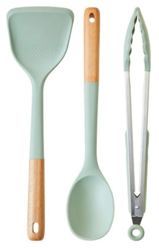 Image of Orsina Sage Green Silicone 3Pc Kitchen Set,non-Scratch Utensils,includes Turner, Spoon & Tongs,heat-Resistant Tools