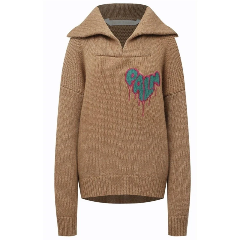 Image of Palm Angels Womens Heart Tnck Knitted Hoodie Brown Fuc female 10 (S)