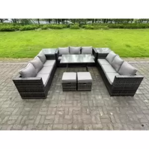 Image of Fimous 9 Seater Outdoor Dark Grey Wicker PE Rattan Garden Dining Set with Lounge Sofa, 2 Side Tables and 2 Stools