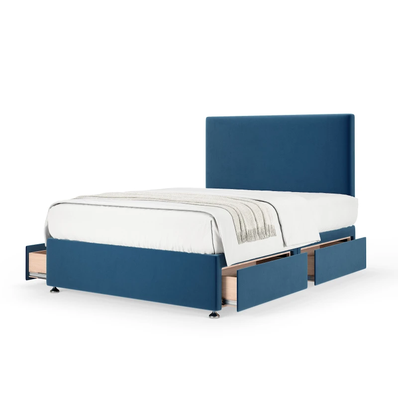 Image of Bedmaster Bedmaster Plush Velvet 4 Drawer Divan Base And Plain Headboard in Blue Size: Small Double Blue Small Double Unisex 7867871270498