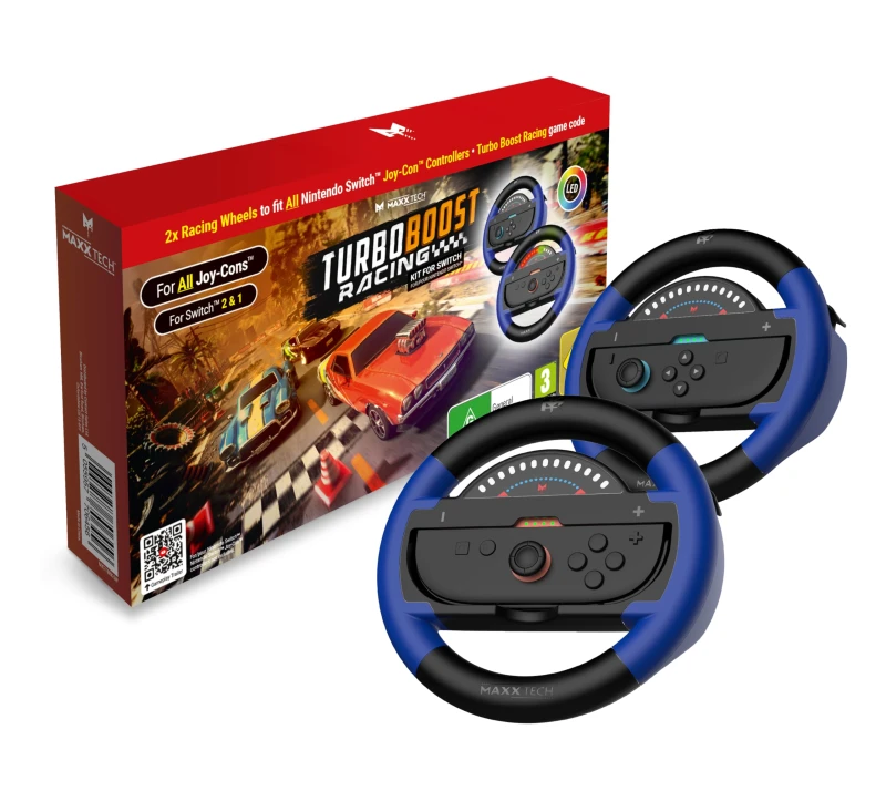 Image of Maxx Tech Turbo Boost Racing Kit for Switch 2 & 1 - Includes: Turbo Boost Racing downloadable code in box; 2x Turbo LED Racing Wheels