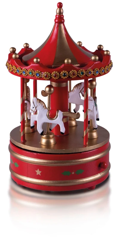 Image of St Helens Christmas Wooden Mechanical Carousel Music Box Wind Up Ornament - Red & Gold ELV-778705