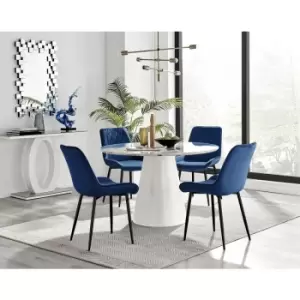 Image of Furniturebox Palma White Marble Effect 120cm Round Minimalist Dining Table & 4 Navy Pesaro Black Leg Velvet Chairs