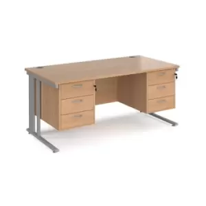 Image of Office Desk Rectangular Desk 1600mm With Double Pedestal Beech Top With Silver Frame 800mm Depth Maestro 25 MCM16P33SB