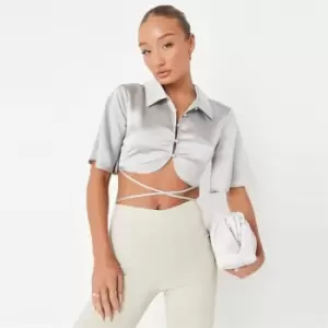 Image of Missguided Tie Waist Shirt - Grey