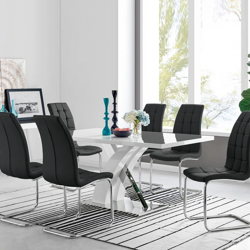 Image of FurnitureboxUK FurnitureboxUK Atlanta Modern Rectangle Chrome Metal High Gloss White Dining Table And 6 Murano Chairs Set in Black One Size Unis