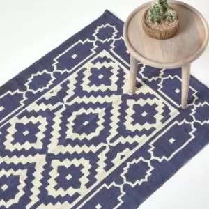 Image of HOMESCAPES Halmstad Blue and White Scandi Style 100% Cotton Printed Rug, 120 x 170cm - Blue