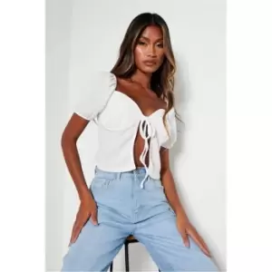 Image of I Saw It First White Linen Look Tie Front Puff Sleeve Blouse - White