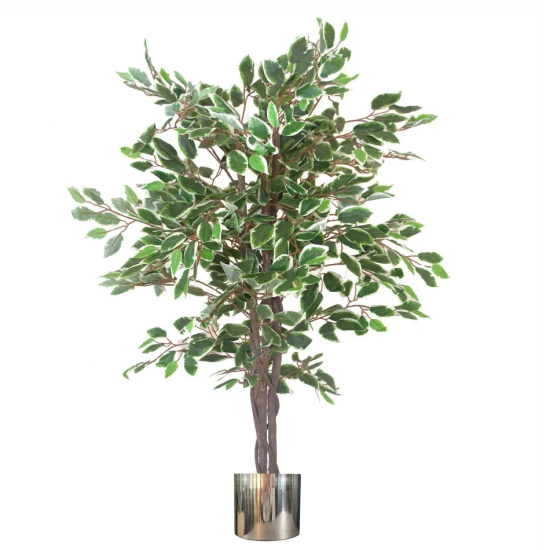Image of N/A 130cm LARGE Realistic White Edge Ficus Artificial Plant Tree Silver Metal Planter