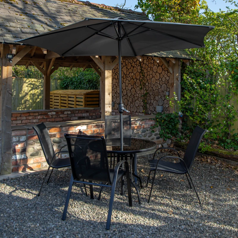 Image of Outdoor 4 Person Round Glass Top Garden Dining Table & Chairs Set with Grey Havana Parasol & Base