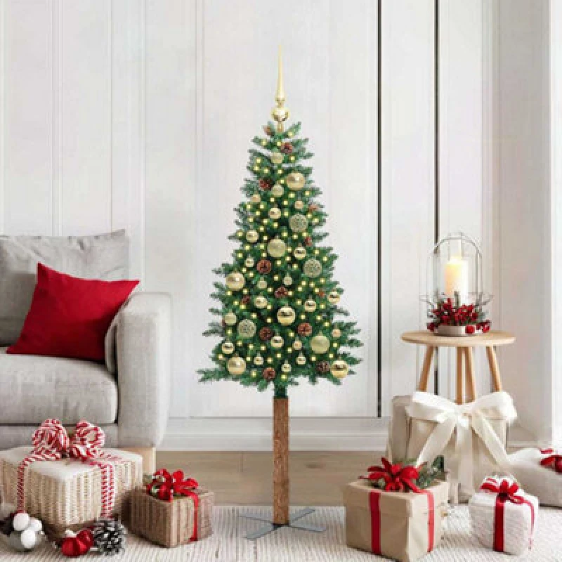 Image of vidaXL Slim Christmas Tree with Gold Balls Green 150cm PVC and Solid Pine wood, Green 3394855