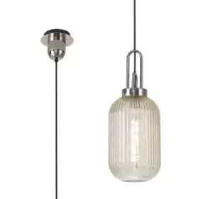 Image of 1 Light Pendant E27 With 20cm Tubular Ribbed Glass, Champagne Polished Nickel, Matt Black