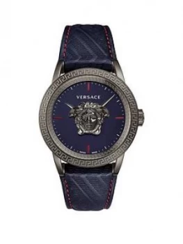 Image of Versace Palazzo Empire Blue Sunray Dial Blue Leather Strap Mens Watch