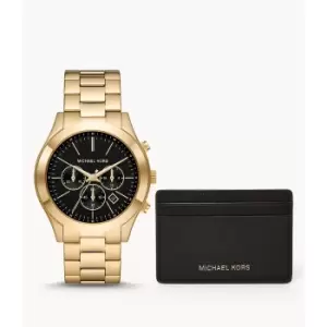 Image of Michael Kors Mens Slim Runway Chronograph Gold-Tone Stainless Steel Watch And Slim Card Case Set - Gold