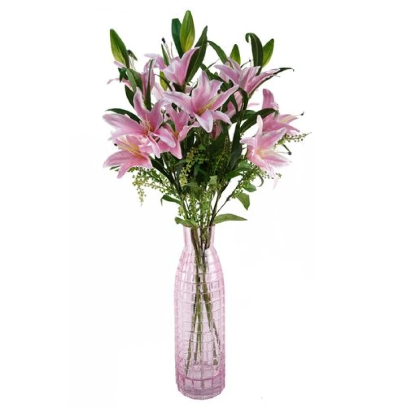 Image of Leaf Leaf 100cm Artificial Pink Lily Flower Arrangement Glass Vase Pink