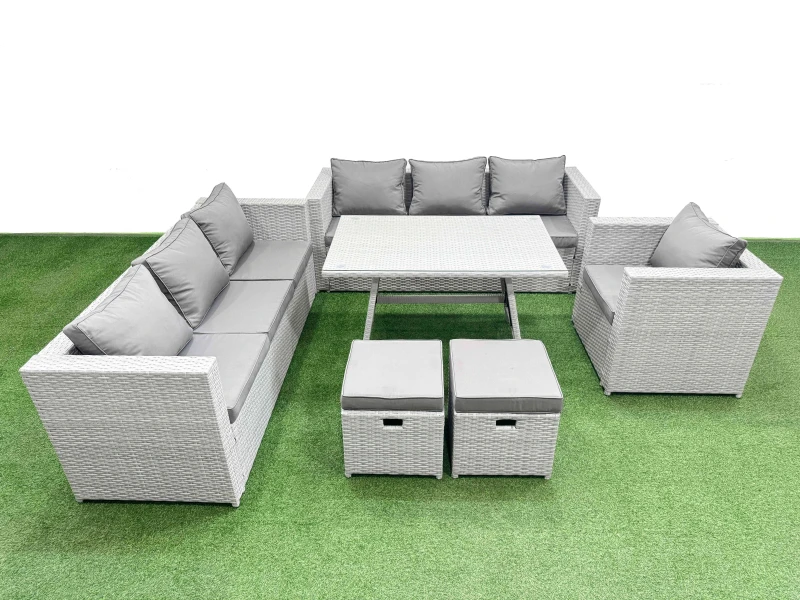 Image of Fimous 9-seater Patio 3 Seater Sofa Armchair Set with 2 Small Stools in Light Grey Light Grey Unisex