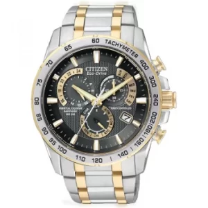 Image of Mens Citizen Eco-drive Chrono Perpetual A-T Radio Controlled Alarm Chronograph Two-tone steel/gold plate Watch