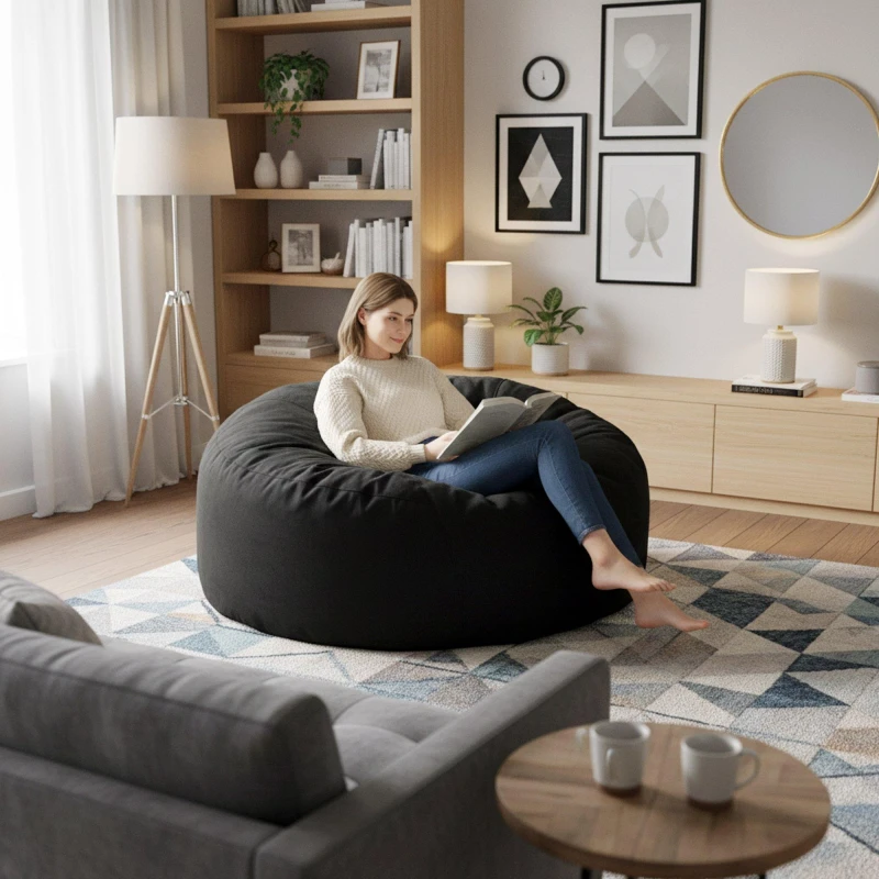 Image of Urban Meuble Modern Round Bean Bag Sofa Chair - Black Unisex One Size