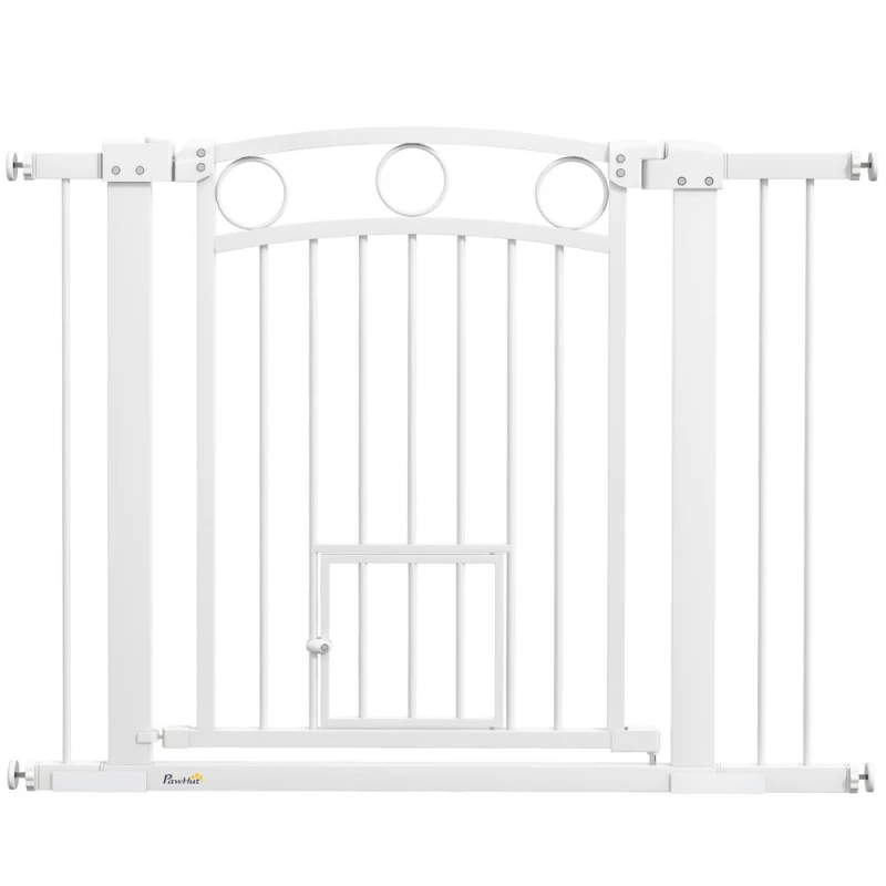Image of PawHut Stair Gate with Cat Door, Adjustable Width 76-104cm & 96cm Tall, White D06-242V11WT