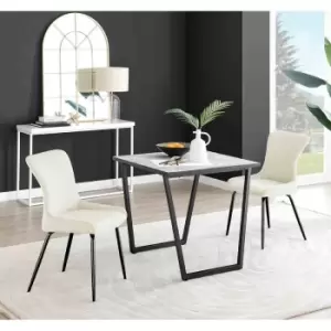 Image of Furniture Box Carson White Marble Effect Square Dining Table and 2 Cream Nora Black Leg Chairs