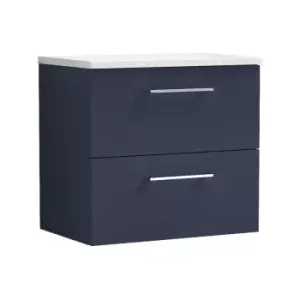 Image of Arno Matt Electric Blue 600mm Wall Hung 2 Drawer Vanity Unit with Sparkling White Laminate Worktop - ARN1724LSW - Electric Blue - Nuie