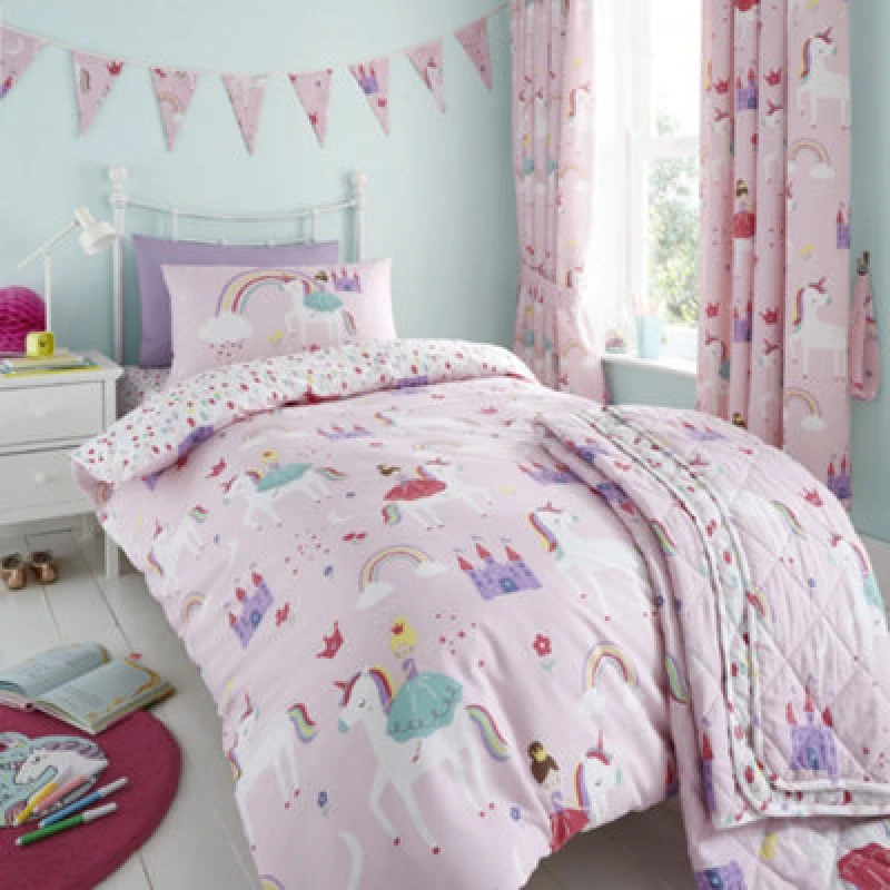 Image of Happy Linen Company Kids Castle Unicorns Princess Reversible Duvet Cover Bedding Set Pink