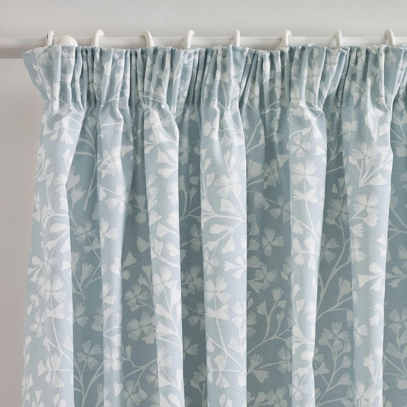 Image of Catherine Lansfield 'Brooke Floral' Lined Pencil Pleat Curtains Duck Egg Blue