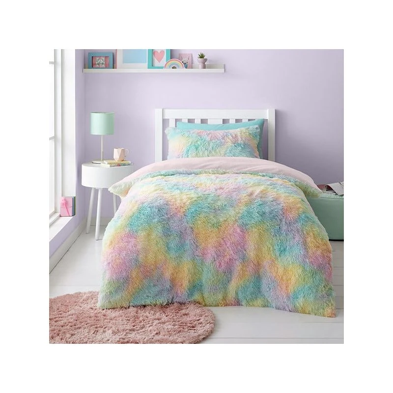 Image of Catherine Lansfield 'Rainbow Cuddly' Deep Pile Faux Fur Duvet Cover Set Multi