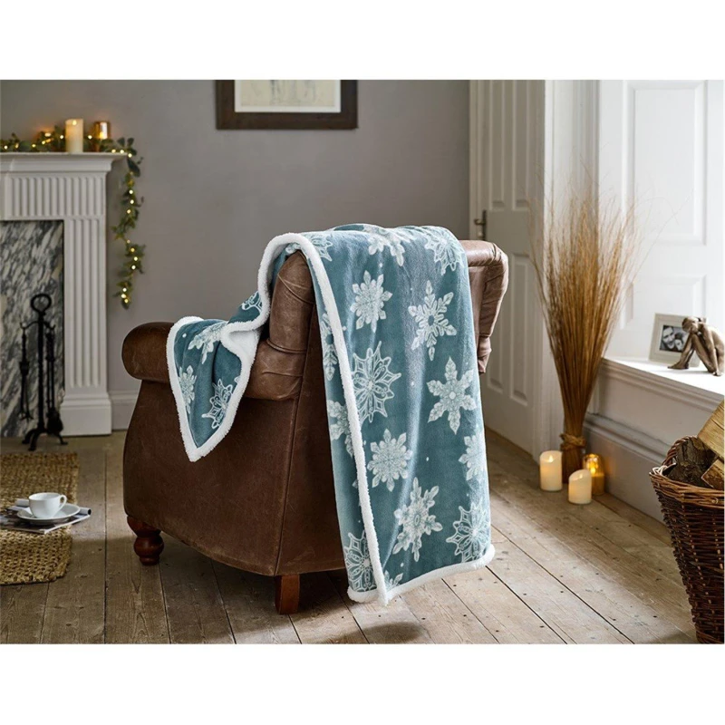 Image of Deyongs Deyongs Flurry Blue Snowflake Fleece Sherpa Throw - 130 x 170cm Soft Blanket in Light Blue Size: 130cm x 170cm Light Blue 130cm x 170cm Unis
