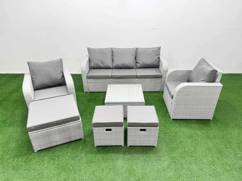 Image of Fimous PE Rattan Garden Furniture Set Reclining Chair Sofa Lounge Sofa Set Square Coffee Table 3 Stools Light Grey Light Grey