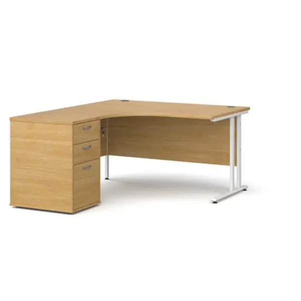 Image of Office Desk Left Hand Corner Desk 1400mm With Pedestal Oak Top With White Frame Maestro 25