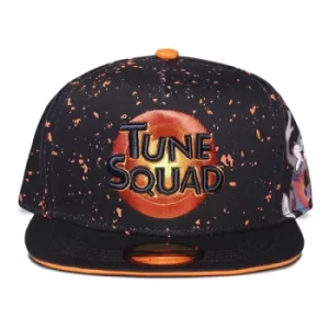 Image of WARNER BROS Space Jam: A New Legacy Tune Squad Logo All-over Print Snapback Baseball Cap, Unisex, Black/Orange (SB754046SPC)