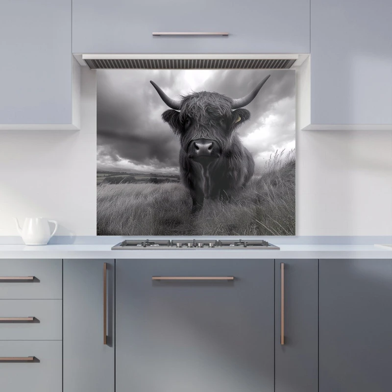 Image of Warren Reed - Designer Black & White Highland Cow Kitchen Splashback in Grey Size: 900mm x 750mm Grey Unisex 900mm x 750mm