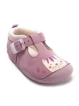Image of Start-rite Cuddle Cat Soft Purple Nubuck Leather Cat Print T-Bar Buckle Baby Shoes - Purple, Lilac, Size 4 Older