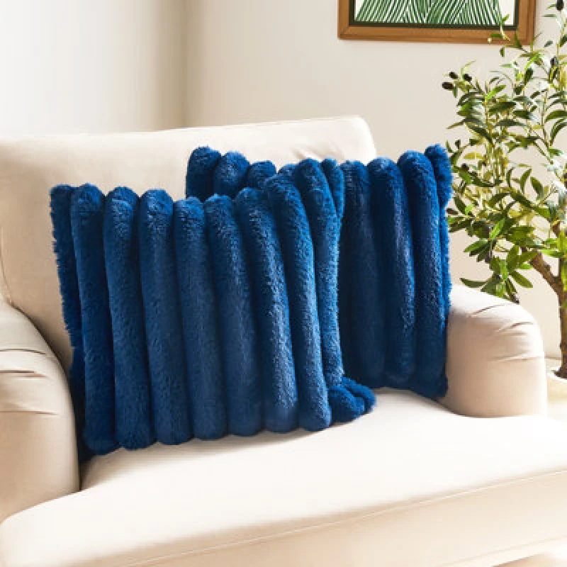 Image of OHS OHS 2 Pack Jumbo Soft Faux Fur Ribbed Decorative Square Cushion Covers in Navy Size: 45cm x 45cm Navy 45cm x 45cm Unisex 5027434233946