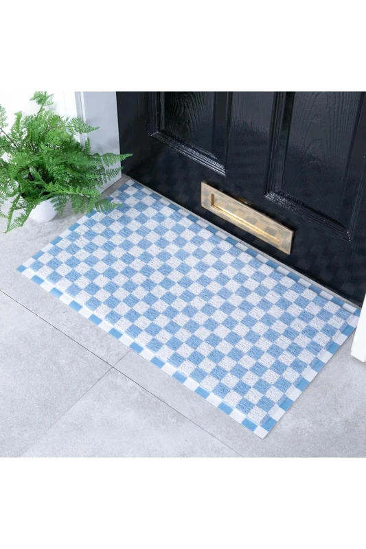 Image of Native Natural Blue Check Doormat (70 X 40Cm)