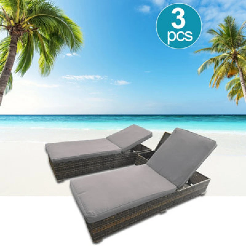 Image of 3 Pieces Rattan Sun Lounger Set, 2 Rattan Lounger With Cushion + Storage Rattan Table, Backrest Adjustable - Gray
