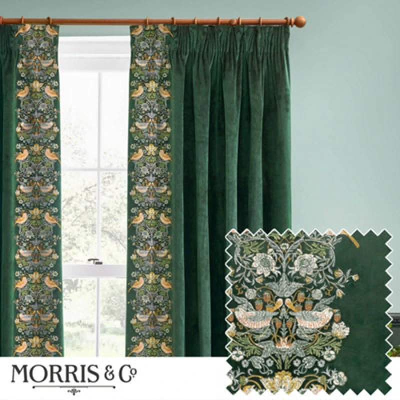 Image of Morris & Co Morris & Co Strawberry Thief Embroidery Embroidered Velvet Room Darkening Pencil Pleat Curtains in Green Size: 229cm width x 229cm drop