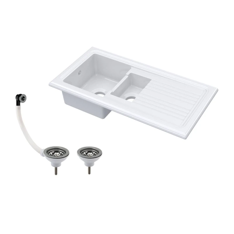 Image of Balterley 101cm 1.5 Bowl Fireclay Inset Sink & Drainer & Nickel Wastes - White White Unisex